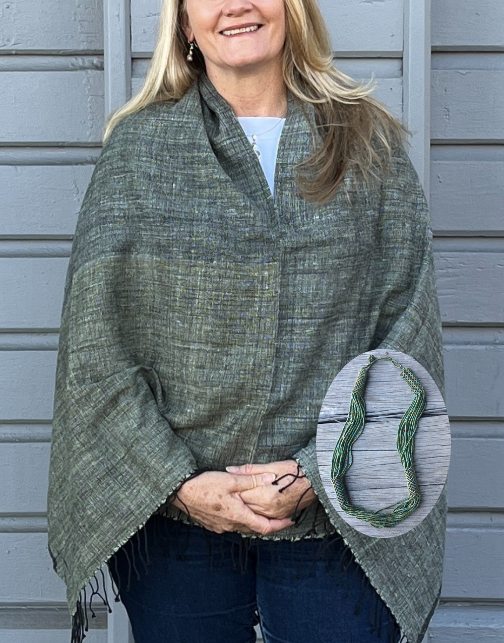 Maret Poncho (Sage) & Zanele Rope (Metallic Green) Bundle