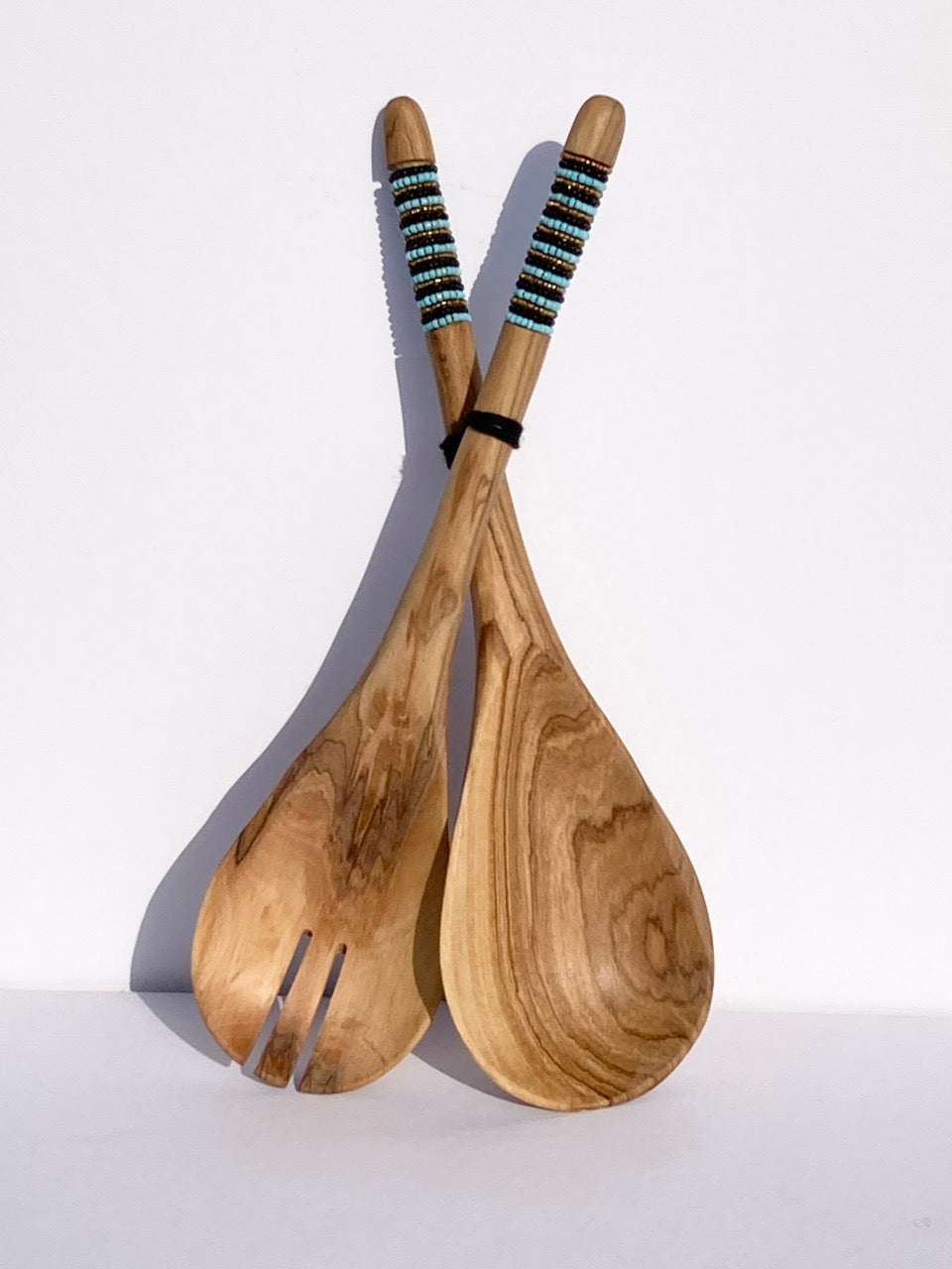 olive wood-hand-beaded-kenya-salad server