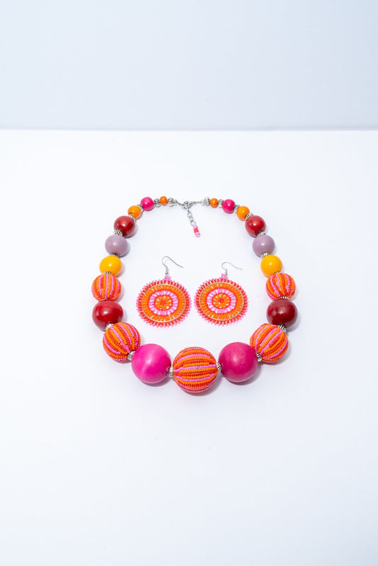 Bubble Necklace & Wheel Earrings Bundle - Pink & Orange