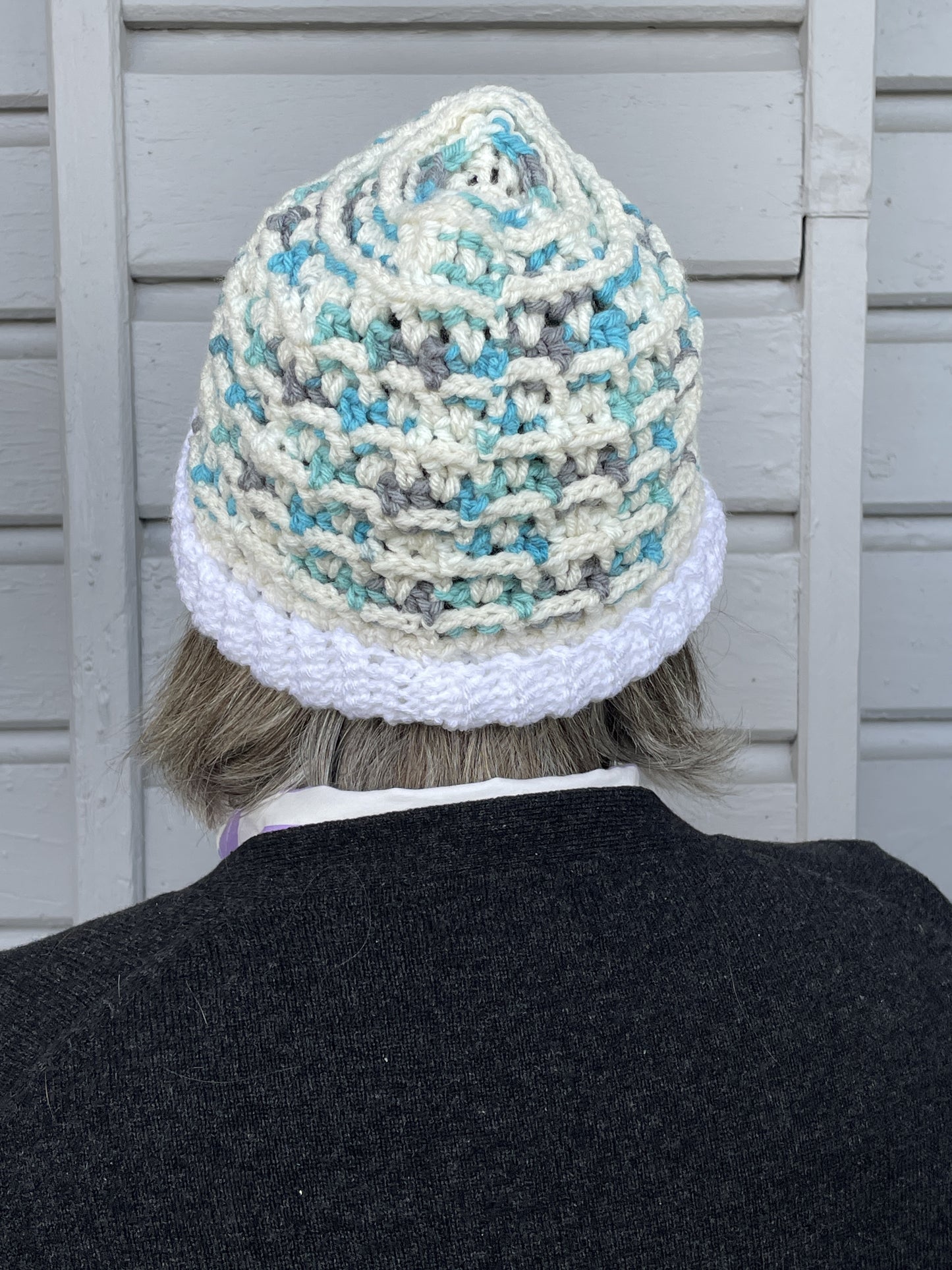 Beanie - White, Aqua & Grey