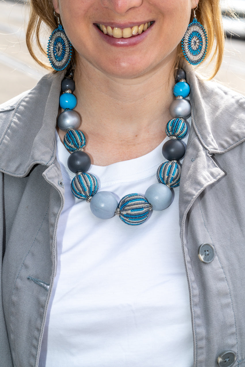 Bubble Necklace & Wheel Earrings Bundle - Blue & Silver