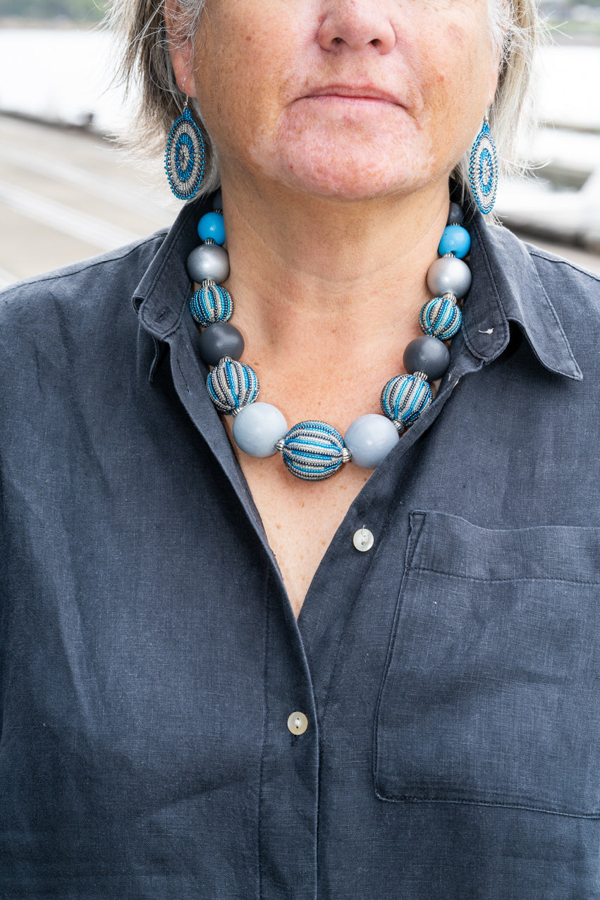 Bubble Necklace & Wheel Earrings Bundle - Blue & Silver