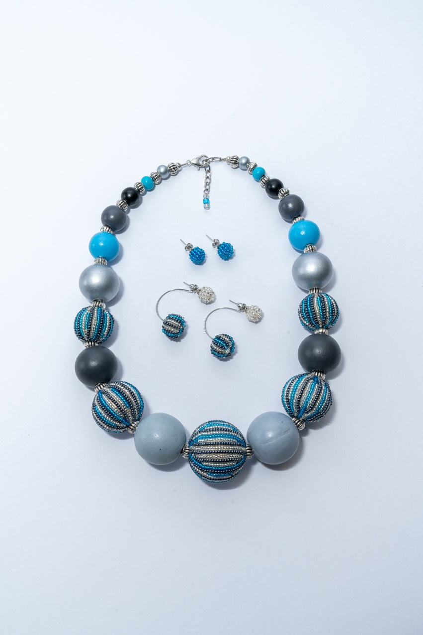 Beaded Earring Set - Blue & Silver