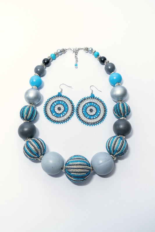 Bubble Necklace & Wheel Earrings Bundle - Blue & Silver