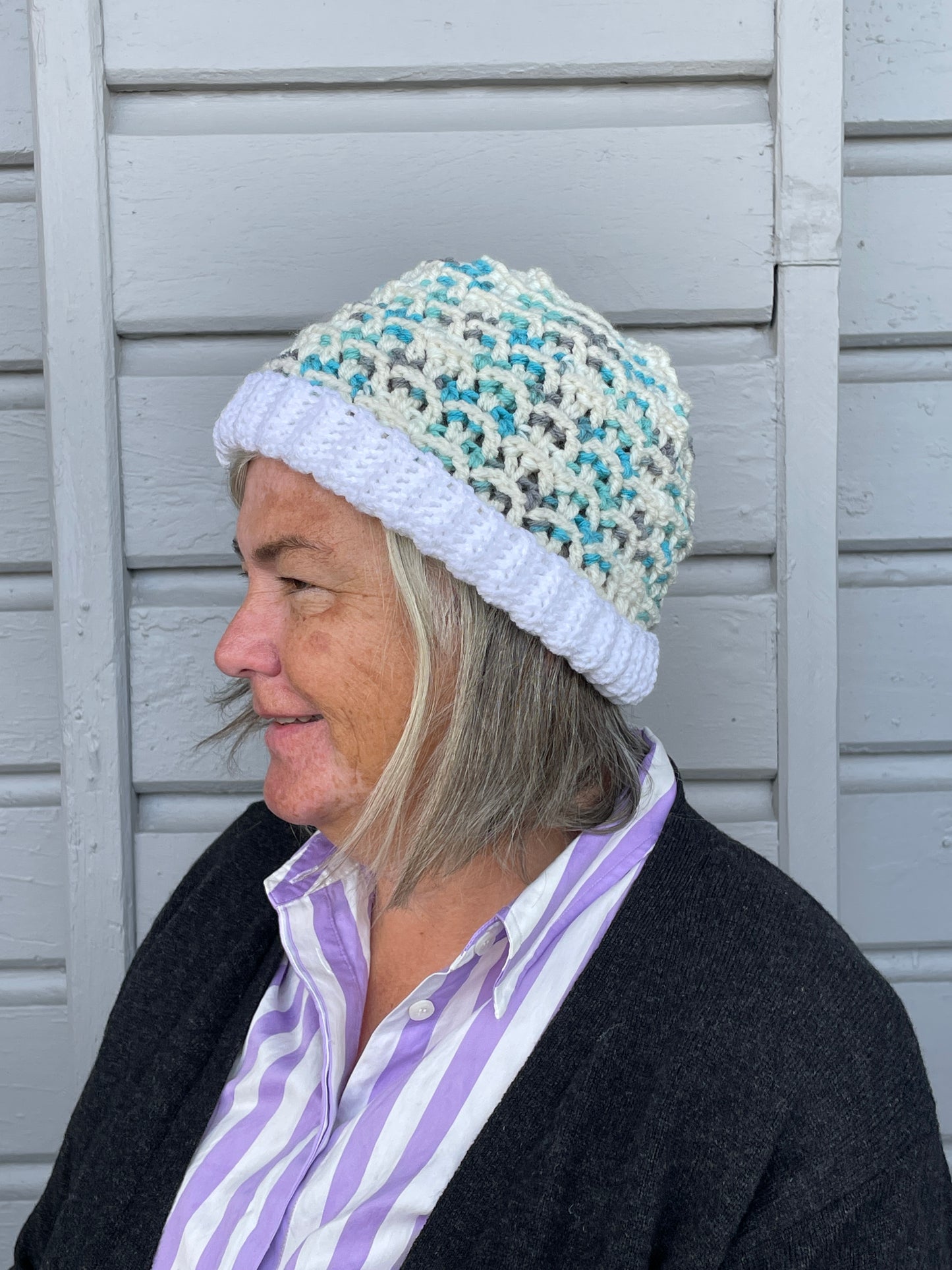 Beanie - White, Aqua & Grey