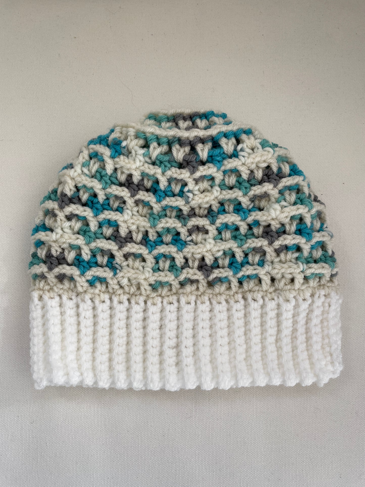 Beanie - White, Aqua & Grey