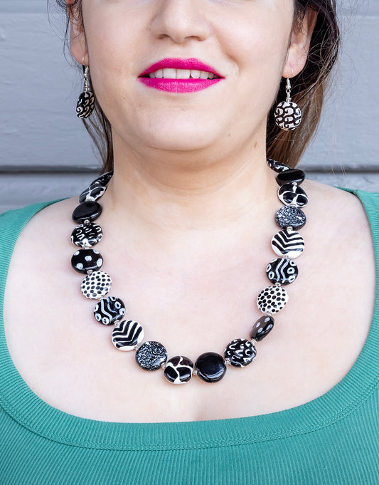 Kazuri Black & White Iran Necklace & Earrings Bundle