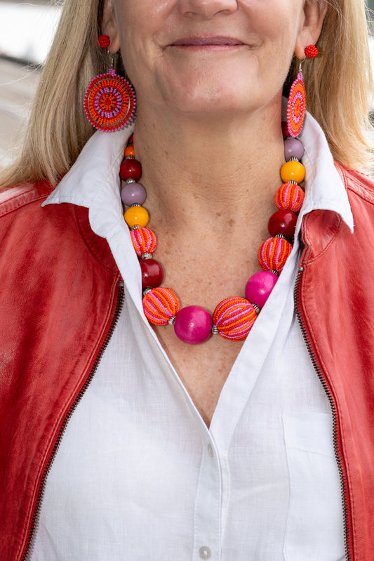 Bubble Necklace & Wheel Earrings Bundle - Pink & Orange