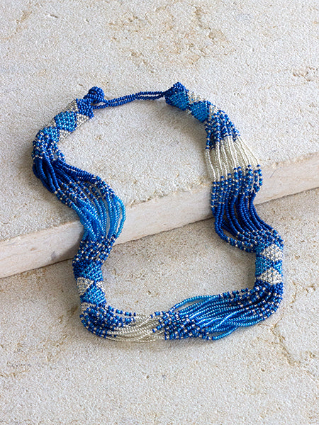fair trade-handmade-south africa-women-pattern-blue-white-zanele-stella-necklace-jewellery-rope-silver