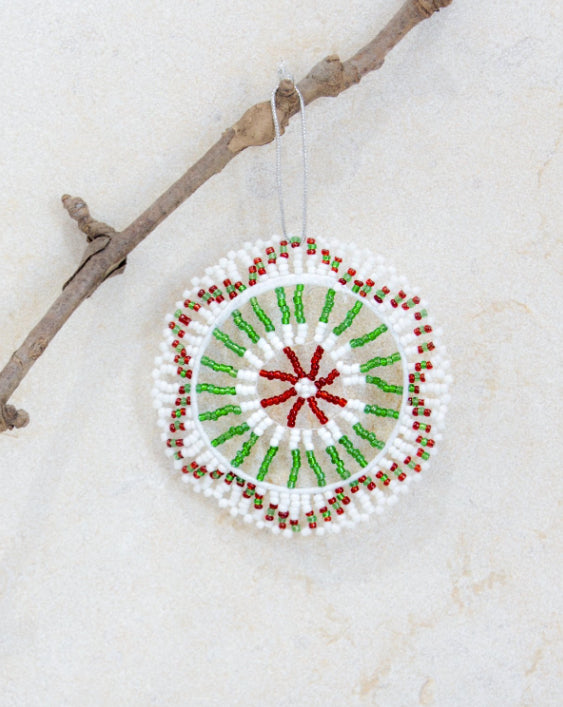zulu-beaded-christmas-hand-hand-made-stitched by hand-traditional-ndebele-south africa-colourful-women-green-white-red-pattern-circle