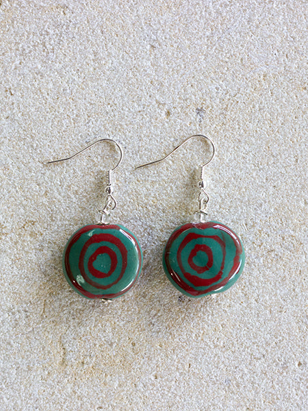 handmade-clay-beautiful-earrings-women-kenya-kazuri-sterling silver-green-red-spiral-springtime-pattern-multi-colour