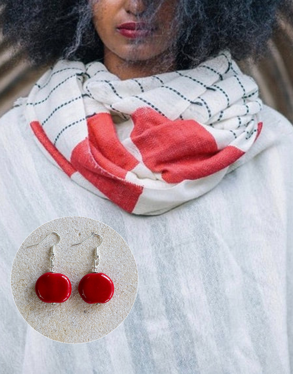 nora wool shawl and kazuri red earrings bundle